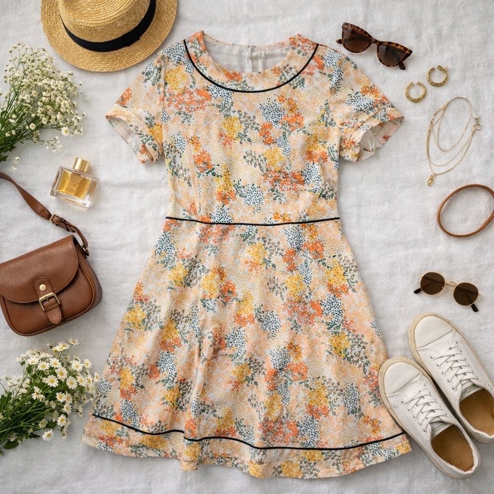 DE Collection MARY JANE Floral Lined S Sleeve Fit &FLAIR Dress. Ladies Small
